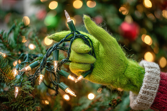 Green furry hand pulls Christmas lights during holiday season celebration