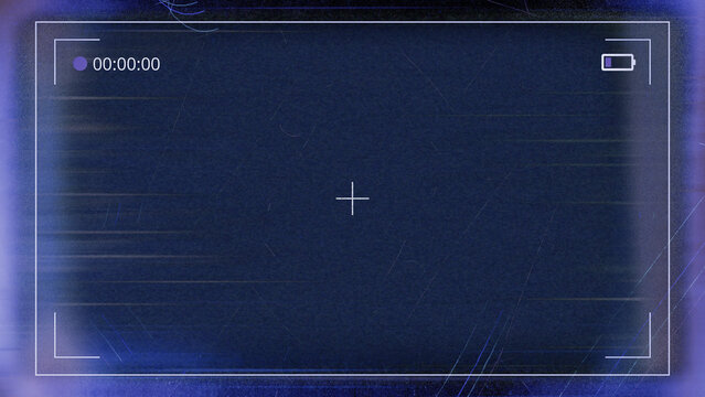 Dark blue retro video recording screen with a vintage glitch effect, static, timer, battery, and crosshair. Ideal for tech, gaming, surveillance, or digital art backgrounds.