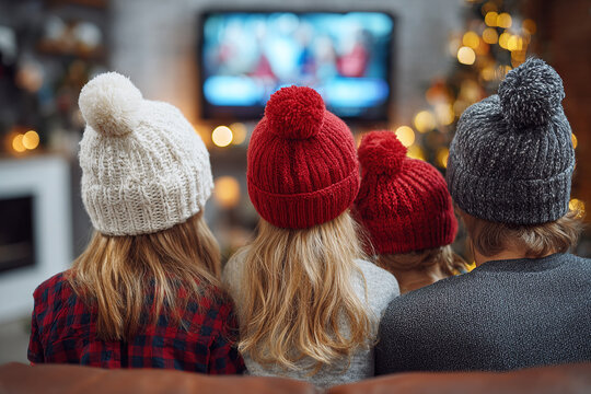 Family watches TV together while wearing Christmas hats during the New Year celebration