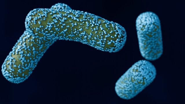 A 3d rendering of rod-shaped bacteria encrusted with surface mineral deposits. The vital role of microbial biomineralization in environmental cleanup, geochemistry, and cellular adaptation.