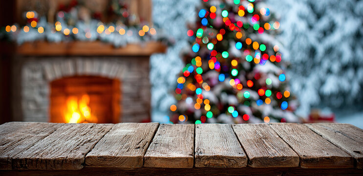 Wooden table in front of a fireplace and a decorated Christmas tree during the holiday season