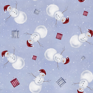 Repeating seamless pattern of watercolor snowman wearing red hats. Winter holiday ornament with hand drawn gifts in red and blue striped patterns. For festive wrapping paper, textiles with snowflake
