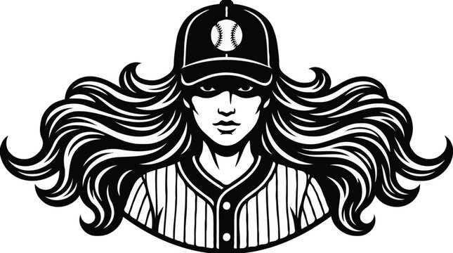 Female baseball player portrait emblem long hair woman softball player logo