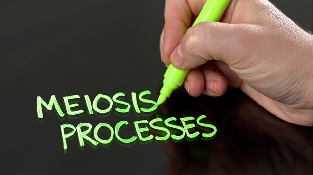 Close up of hand writing meiosis processes text with green marker on black background