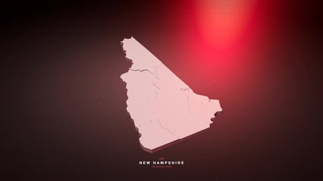 New Hampshire USA 3D state map in bold red style, rotating animation seamless loop