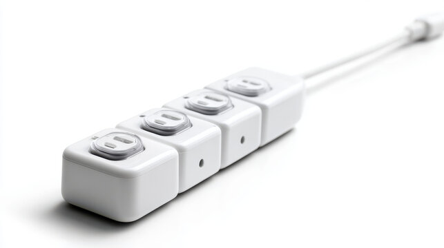 Power strip with four electrical outlets sits on a plain white surface for easy integration into home office design concepts.