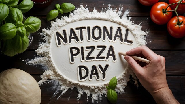 Hand drawing text for national pizza day on white flour background with fresh tomato and green herb