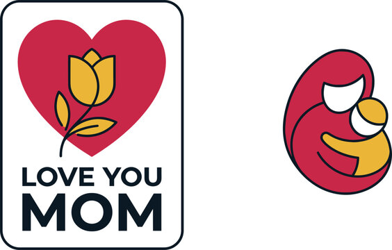 Appreciation and Mother's Day icon set featuring tulip flower in heart, "I LOVE YOU MOM" badge, floral affection, and maternal love celebration vector art.