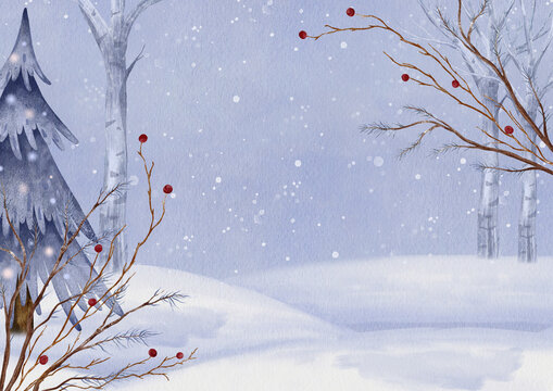 Template rectangle Snowy Christmas greeting card with minimalist winter Scandinavian forest without leaves. Watercolor background illustration with light blue sky filled with falling white snowflakes.