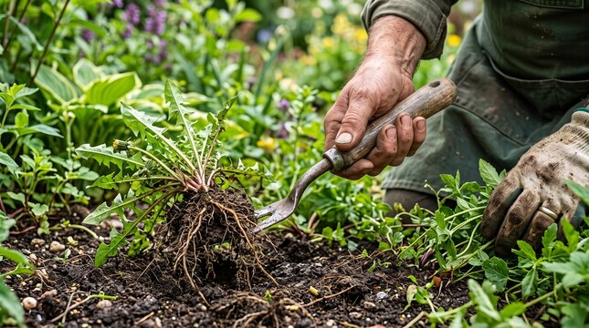 Gardener uses a hand trowel to remove a stubborn dandelion weed from the rich soil in a garden bed area.