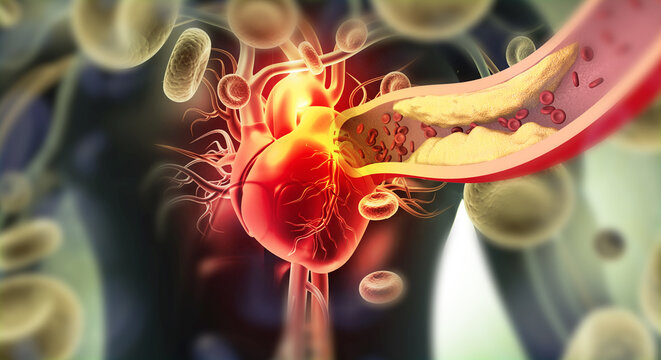 Human heart anatomical model showing severely clogged arteries with yellow plaque buildup. 3d illustration