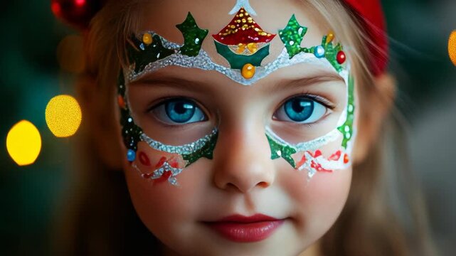 A young girl with a joyful expression has her face painted with festive holiday designs. She looks into the camera with excitement and wonder.
