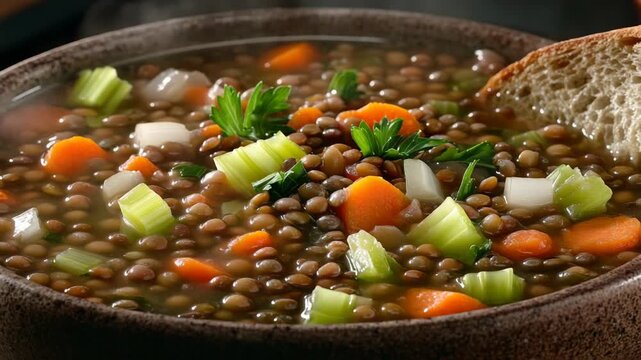 Hearty lentil soup with carrots and celery. Fresh parsley garnish adds color. Warm bowl rests on rustic table. Soft bread beside soup. Homemade meal, comforting texture