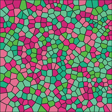 Dynamic abstract mosaic pattern featuring pink and teal shapes, abstract
