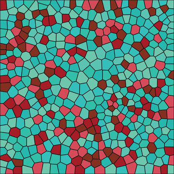 Abstract mosaic background with red and teal irregular cells, stained glass
