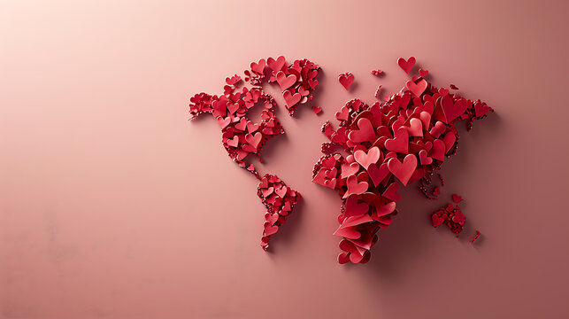 3D claymorphism red hearts forming a world map. Global charity, international healthcare and World Heart Day concept with copy space.