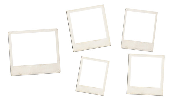 Five aged vintage polaroid frames arranged on transparent background for photo collage.