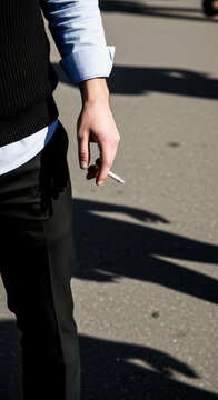 Man holding a cigarette, dressed in a shirt and sweater, with shadow cast on asphalt, representing adult habit and lifestyle