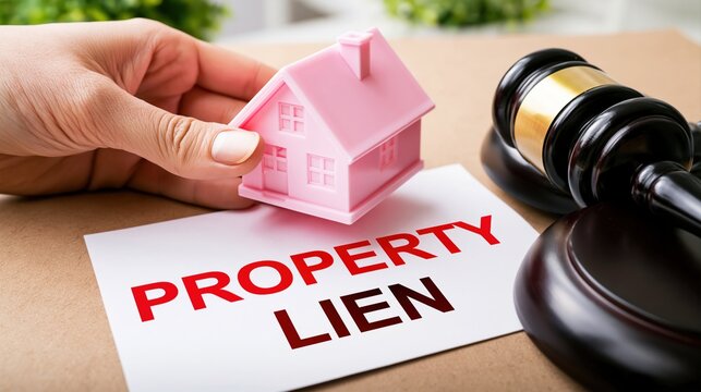 Hand holding pink house model over property lien document with judge gavel nearby