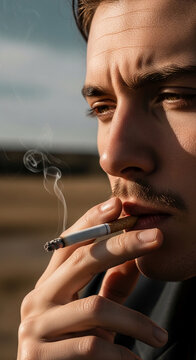 Close-up of a young man's face smoking, with smoke rising, representing contemplation or a moment of pause, outdoor setting