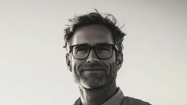 The features a middle-aged man wearing glasses and displaying thoughtful expression.