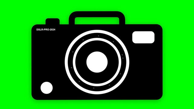 Black digital camera icon flashing animation on green screen background