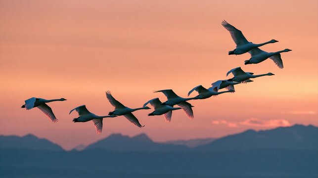 Group of white swans flying in formation against orange sunset sky with mountains in background