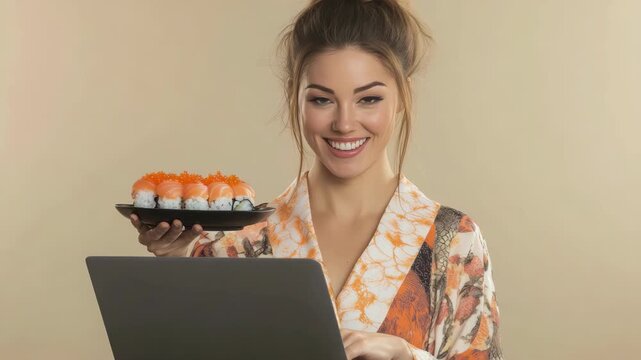 Young woman holding a plate of sushi with a joyful smile, wearing a colorful kimono inspired dress.