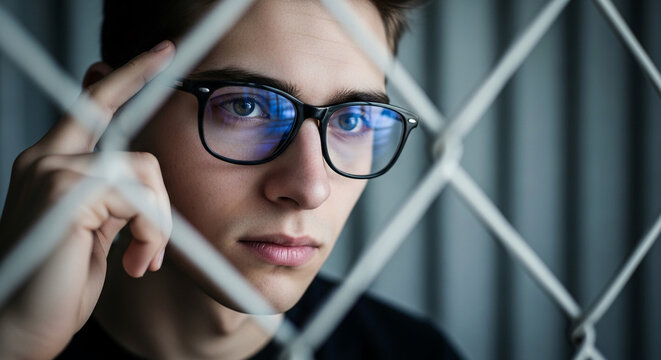 Close-up of a young man wearing glasses, looking thoughtful, with a barred foreground obscuring the view, symbolizing introspection or confinement, relevant for mental health or contemplation themes