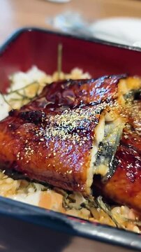 Grilled unagi eel over rice in traditional unadon bento box
