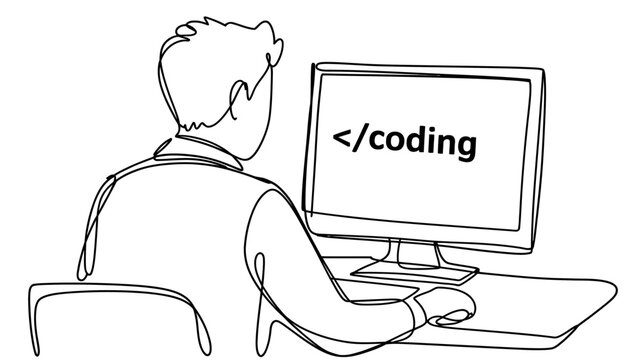 A silhouette of a programmer seated at a desk, focusing on a computer screen displaying coding text