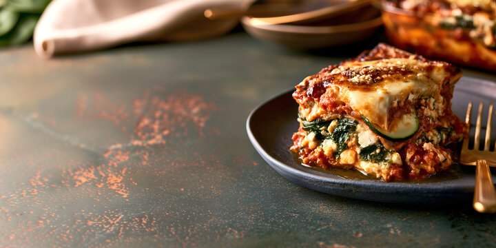 Creative food Concept. Freshly baked Cheesy cheese keto vegetarian lasagna with layers of paneer, spinach, rich tomato sauce, zucchini slice on dark background, gold fork. copy text space. Long banner