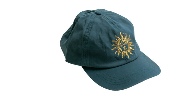 Dark teal baseball cap with golden sun embroidery, isolated on transparent background