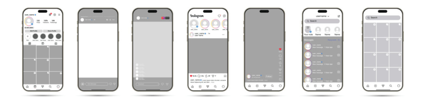 Instagram template smartphone mockup design. Set of instagram post, home, profile, reels, notification, search, and story screens. social media mockup interface for smartphone vector template