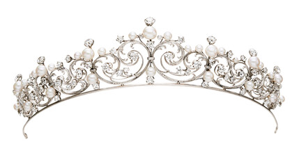 Ornate pearl and diamond tiara with intricate metalwork, isolated on transparent background © pixogram
