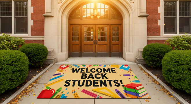 Welcome back students sign placed before the grand entrance of a traditional brick school building with resting sidewalk front