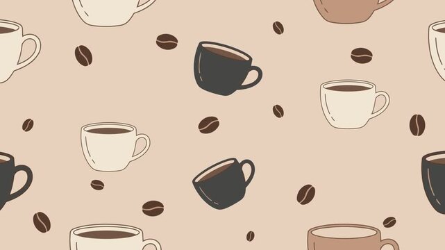 Seamless pattern animation of coffee cups and coffee beans on beige background