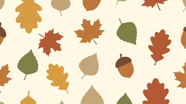 Autumn fall leaves and acorns seamless pattern animation on light background