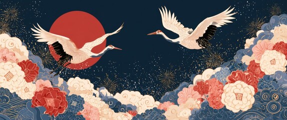 Obraz premium Elegant Cranes Flying Amidst Blooming Peonies and a Red Sun.
