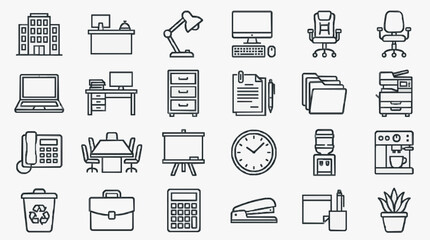 Fototapeta premium Modern Black and White Line Icons Set Featuring Office Workspace and Productivity Elements with high quality professional line art symbols for modern creative design and digital branding projects