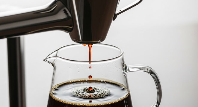 Dark coffee drops fall into a glass pitcher with frothy coffee, showcasing the brewing process and rich beverage