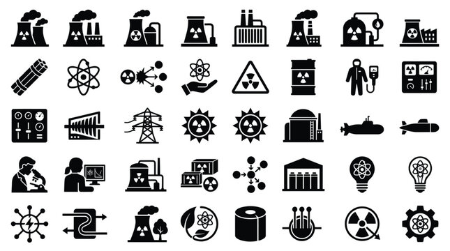 Comprehensive set of 40 nuclear energy and atomic power icons with radioactive symbols, power plant cooling towers, scientists, reactor parts, hazmat suits, and waste on white background.