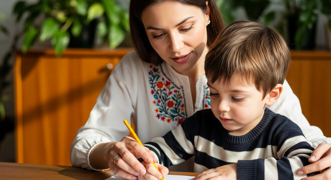 Woman and child drawing together, showcasing focused learning and nurturing, representing education, family, and childhood development