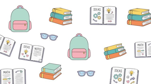 Back to school supplies backpack books glasses and notebook seamless pattern animation