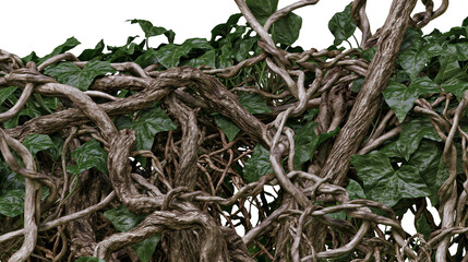 Dense tangle of thick woody vines and green ivy leaves, isolated on transparent background © pixogram