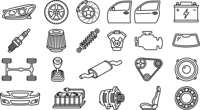 Car auto spare parts and vehicle maintenance line icon set featuring engine wheel battery brake suspension and bumper.