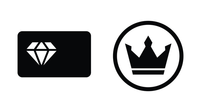 Diamond credit card and crown inside circle icon set representing premium banking service elite membership or high level user status.