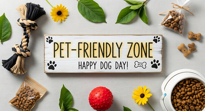Pet friendly zone sign surrounded by dog treats toys and fresh green leaves flat lay composition with composition