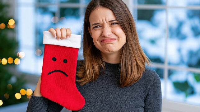 Unhappy girl showing disappointed face while holding red stocking with sad face expression
