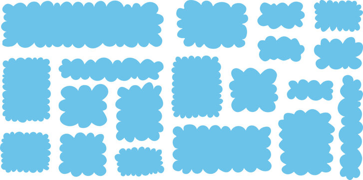 Cute blue cloud frames set with rectangle and square scalloped edge borders. Playful fluffy empty speech bubble templates and abstract banner shapes isolated on white background.